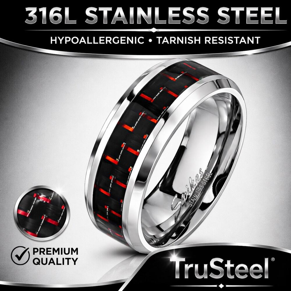 Men’s Black Red Carbon Fiber Center silver Band 316L Stainless Steel 8mm size 12